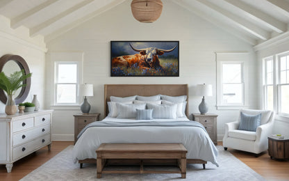 Texas Longhorn Cow In Bluebonnet Field Canvas Print for Rustic Farmhouse Decor