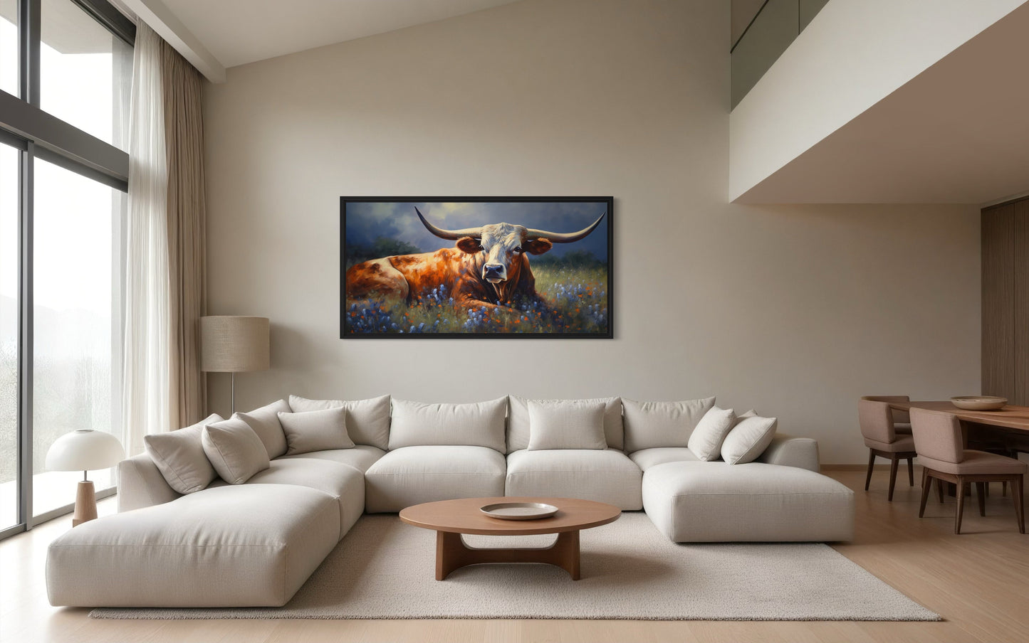 Texas Longhorn Cow In Bluebonnet Field Canvas Print for Rustic Farmhouse Decor