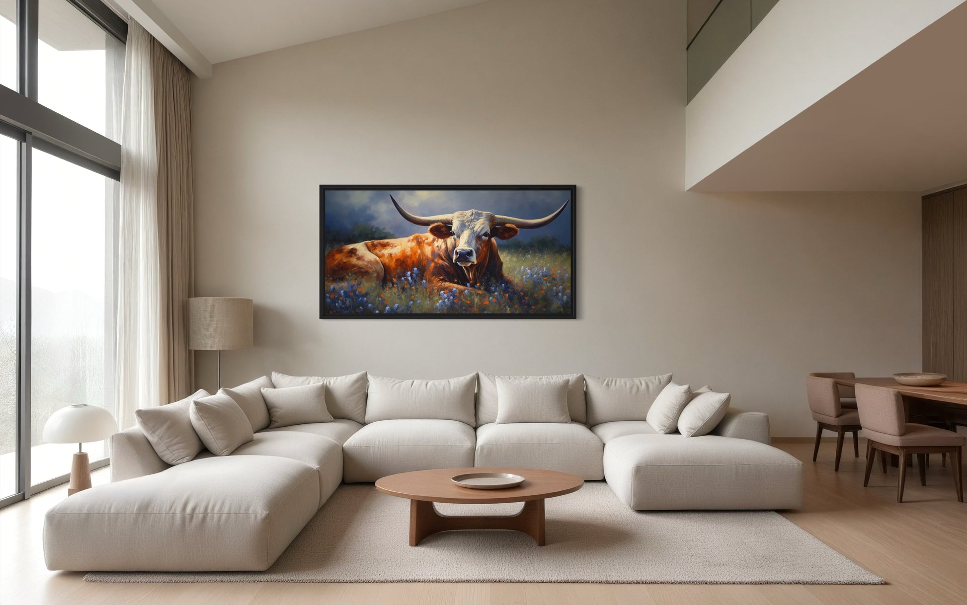 Texas Longhorn Cow In Bluebonnet Field Canvas Print for Rustic Farmhouse Decor