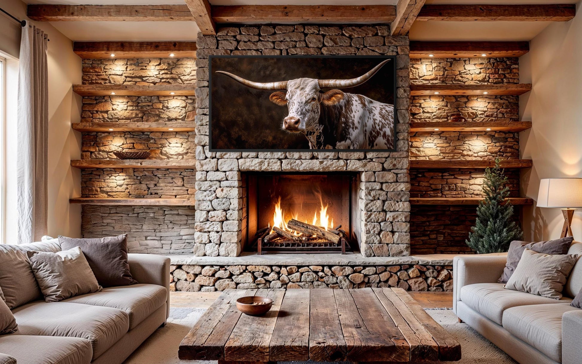 Texas Longhorn Wall Art - Rustic Cattle Painting | Western Farm Decor Canvas Print