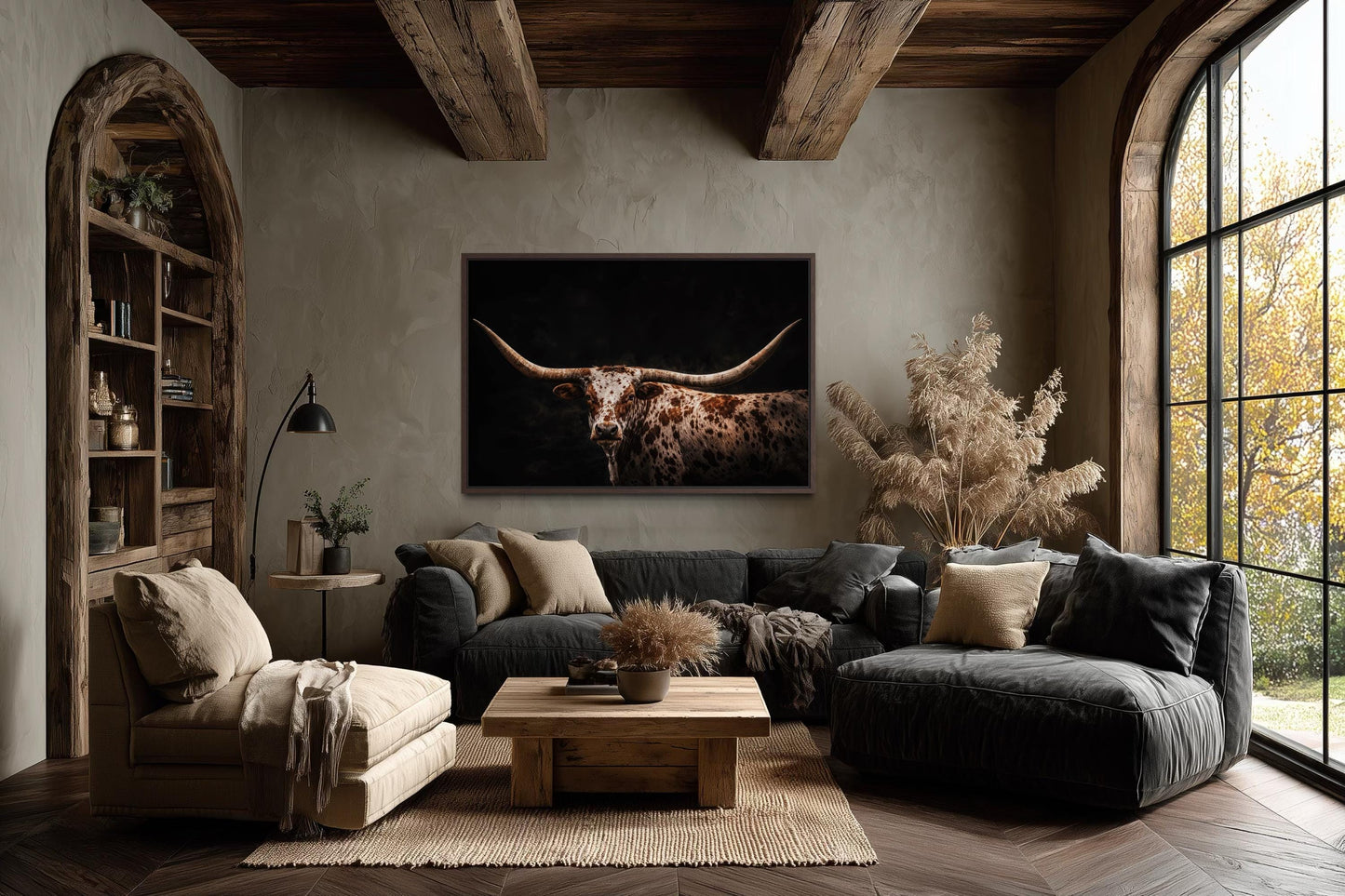 Spotted Texas Longhorn Wall Art - Rustic Western Ranch Art Canvas Print With Floating Frame