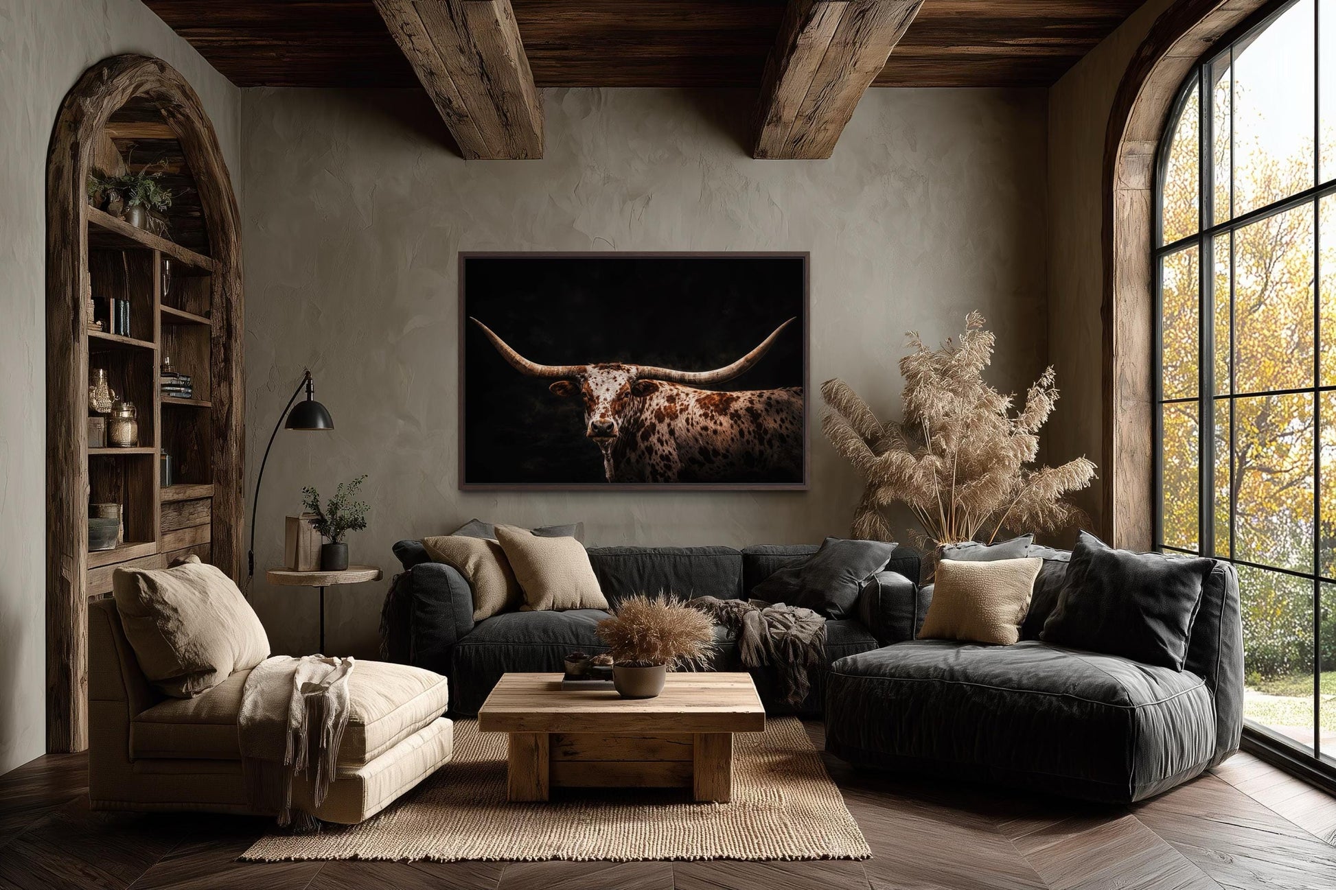 Spotted Texas Longhorn Wall Art - Rustic Western Ranch Art Canvas Print With Floating Frame
