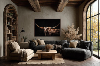 Spotted Texas Longhorn Wall Art - Rustic Western Ranch Art Canvas Print With Floating Frame