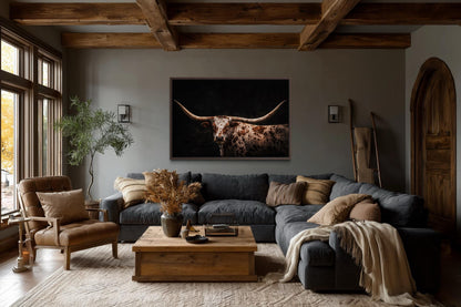 Spotted Texas Longhorn Wall Art - Rustic Western Ranch Art Canvas Print With Floating Frame