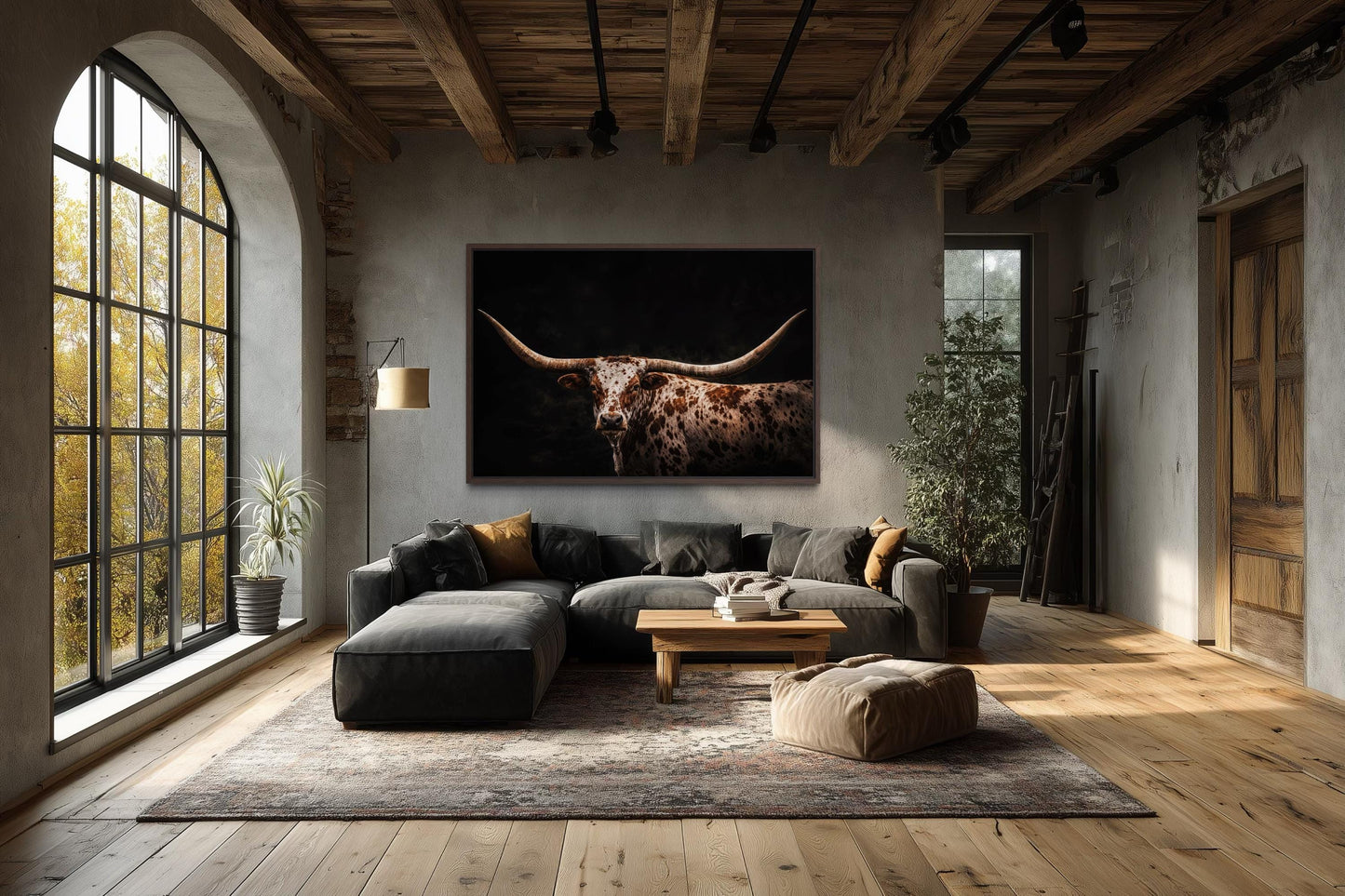 Spotted Texas Longhorn Wall Art - Rustic Western Ranch Art Canvas Print With Floating Frame