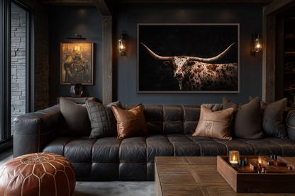 Spotted Texas Longhorn Wall Art - Rustic Western Ranch Art Canvas Print With Floating Frame