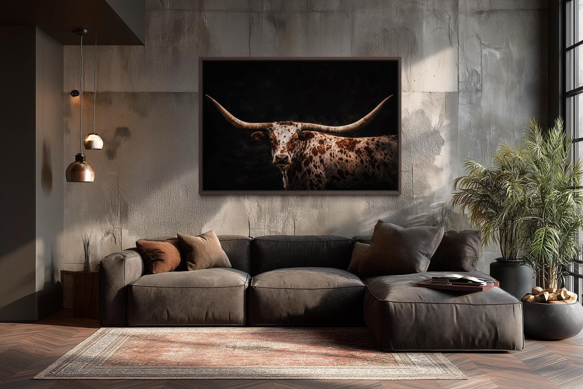 Spotted Texas Longhorn Wall Art - Rustic Western Ranch Art Canvas Print With Floating Frame