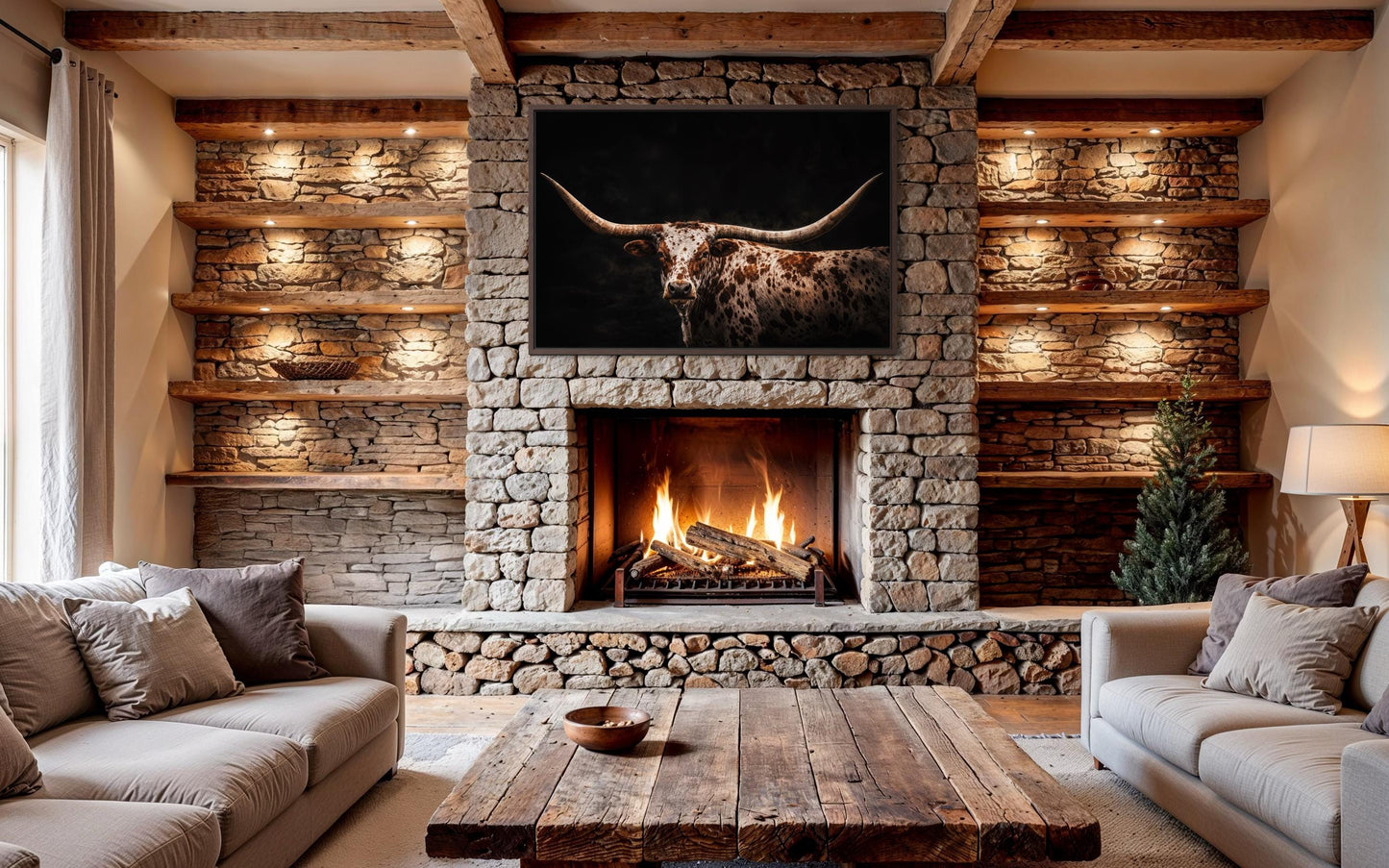 Spotted Texas Longhorn Wall Art - Rustic Western Ranch Art Canvas Print With Floating Frame