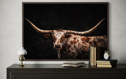 Spotted Texas Longhorn Wall Art - Rustic Western Ranch Art Canvas Print With Floating Frame