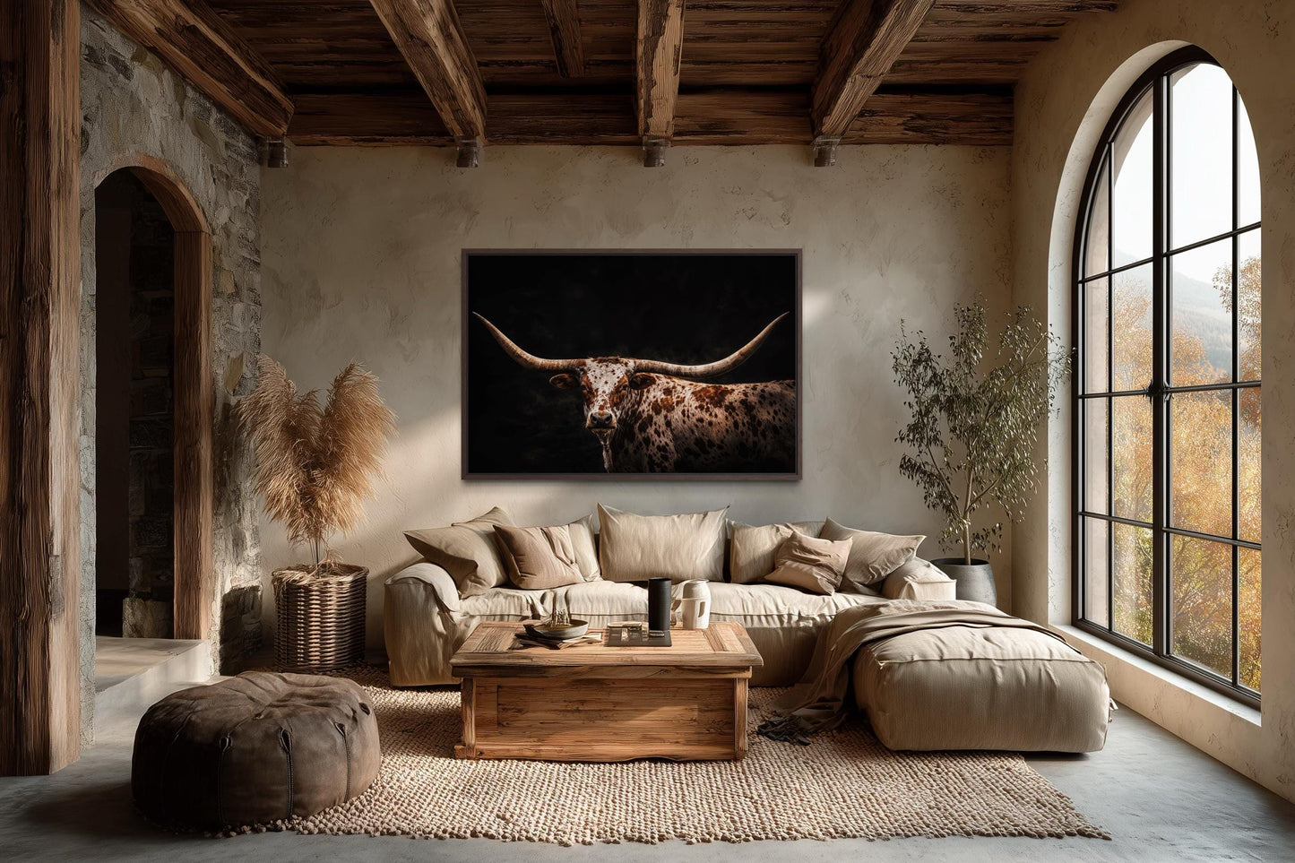 Spotted Texas Longhorn Wall Art - Rustic Western Ranch Art Canvas Print With Floating Frame