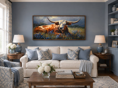 Texas Longhorn Cow In Bluebonnet Field Canvas Print for Rustic Farmhouse Decor