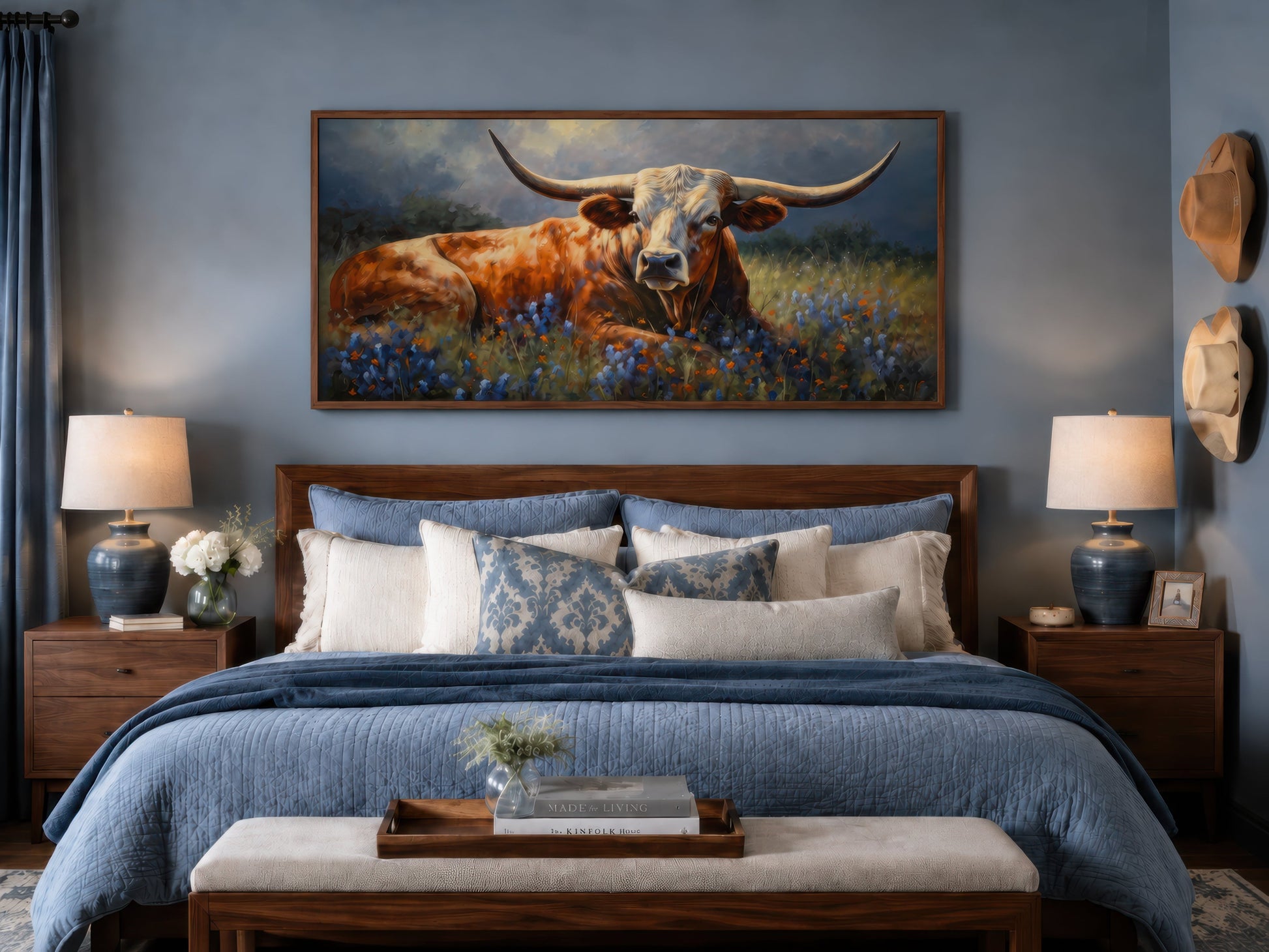Texas Longhorn Cow In Bluebonnet Field Canvas Print for Rustic Farmhouse Decor