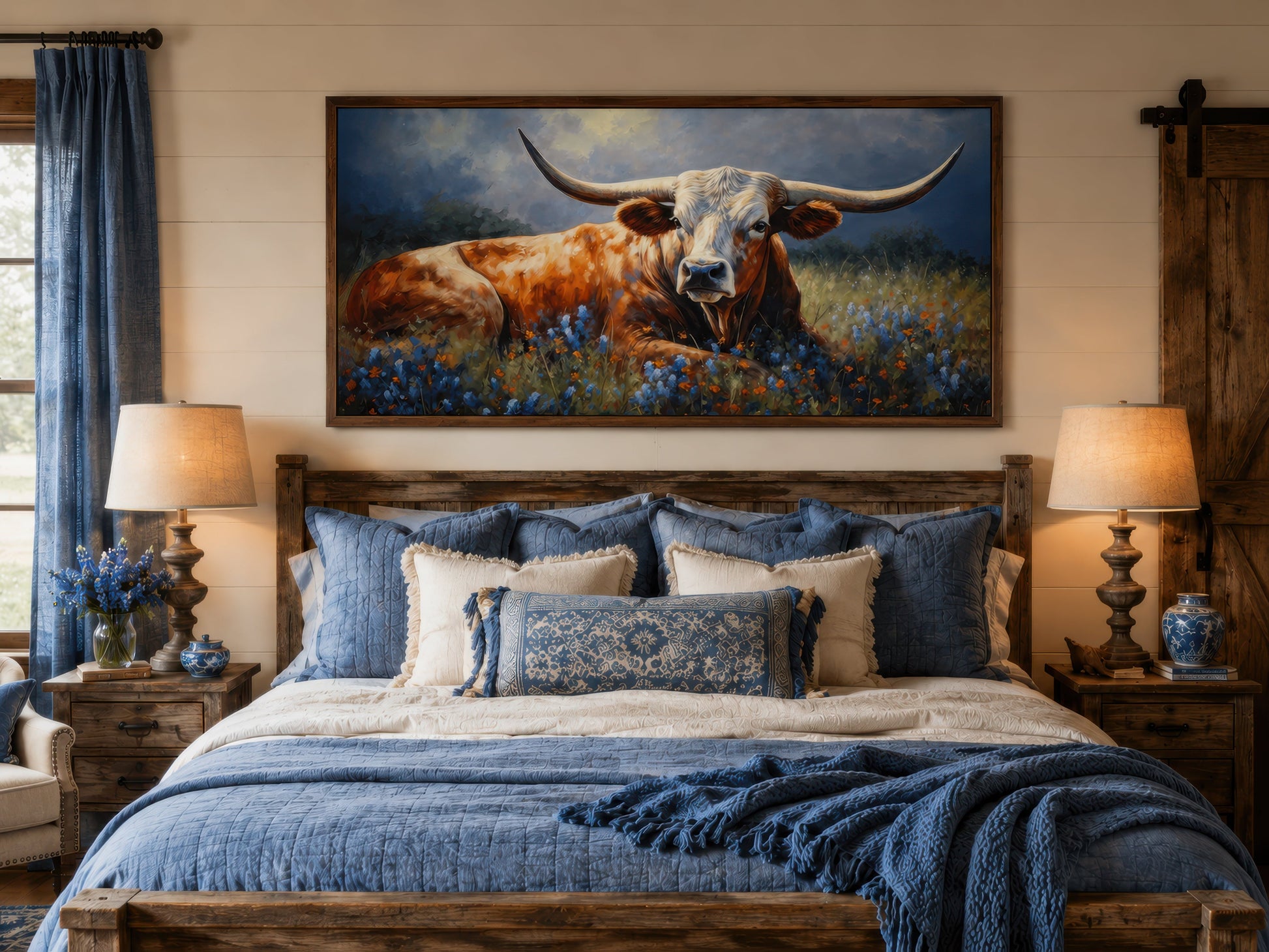 Texas Longhorn Cow In Bluebonnet Field Canvas Print for Rustic Farmhouse Decor