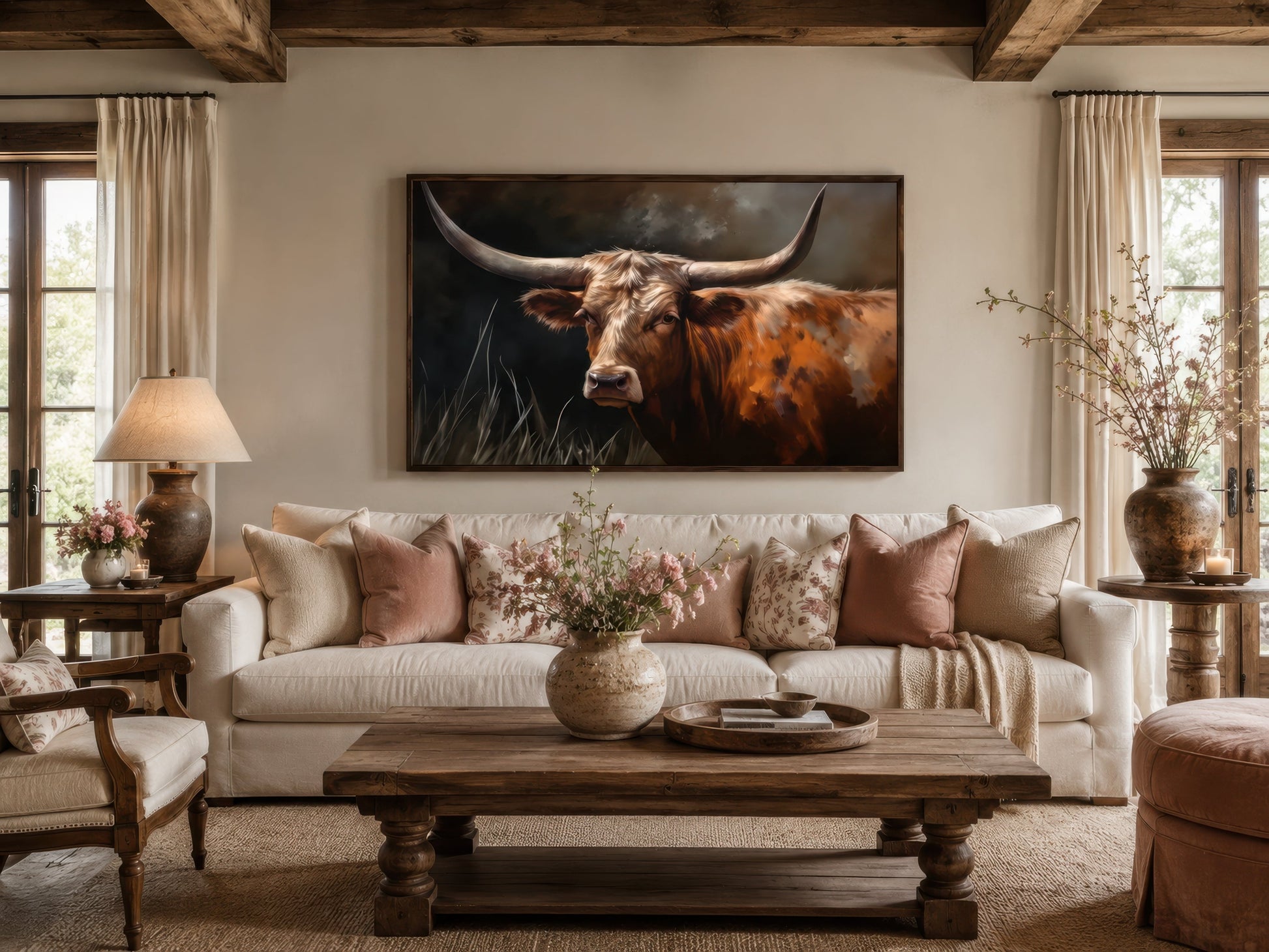 Brown Beautiful Texas Longhorn Cow Framed Canvas Wall Art