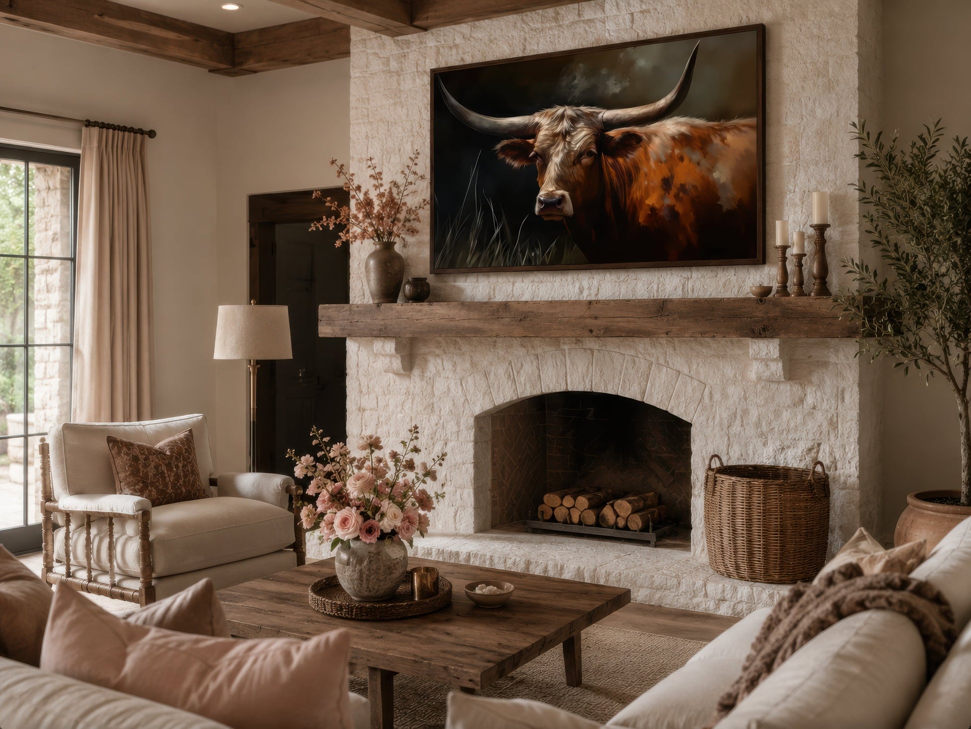 Brown Beautiful Texas Longhorn Cow Framed Canvas Wall Art