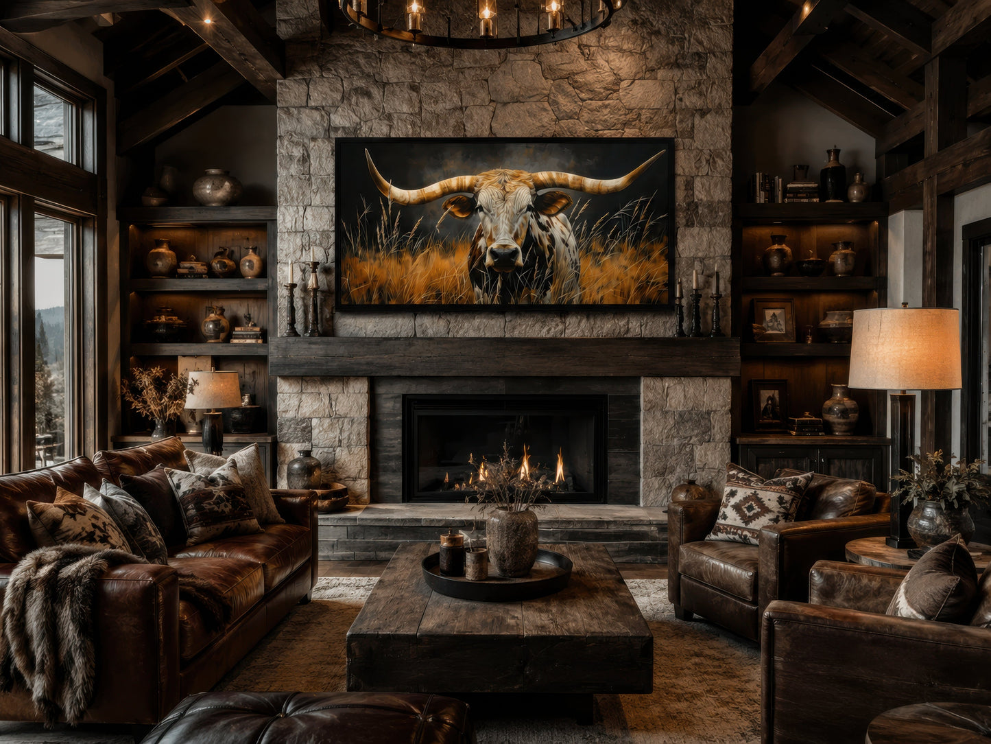 Texas Longhorn Steer In Grass Wall Art – Framed Canvas Rustic Farmhouse Steer Painting