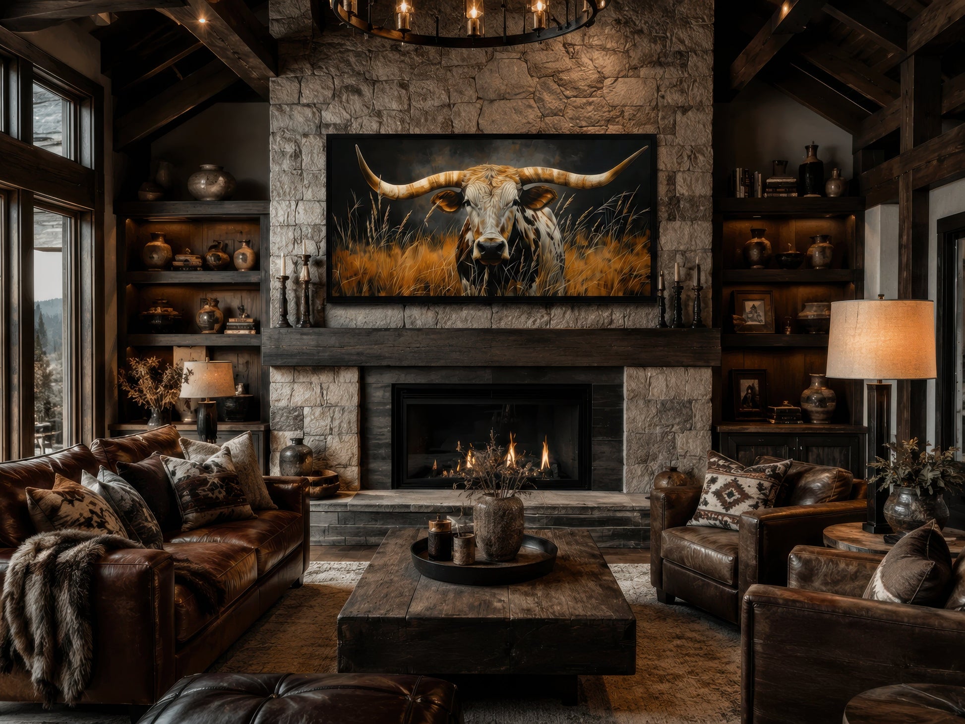 Texas Longhorn Steer In Grass Wall Art – Framed Canvas Rustic Farmhouse Steer Painting