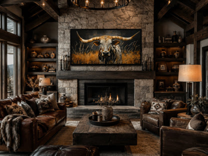 Texas Longhorn Steer In Grass Wall Art – Framed Canvas Rustic Farmhouse Steer Painting