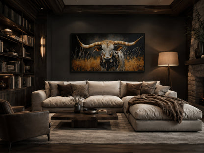 Texas Longhorn Steer In Grass Wall Art – Framed Canvas Rustic Farmhouse Steer Painting