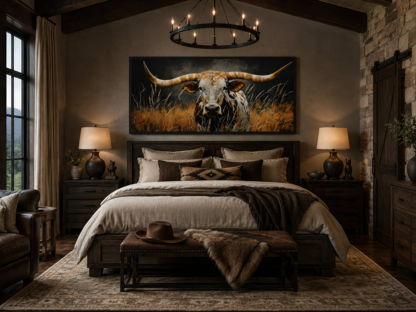 Texas Longhorn Steer In Grass Wall Art – Framed Canvas Rustic Farmhouse Steer Painting