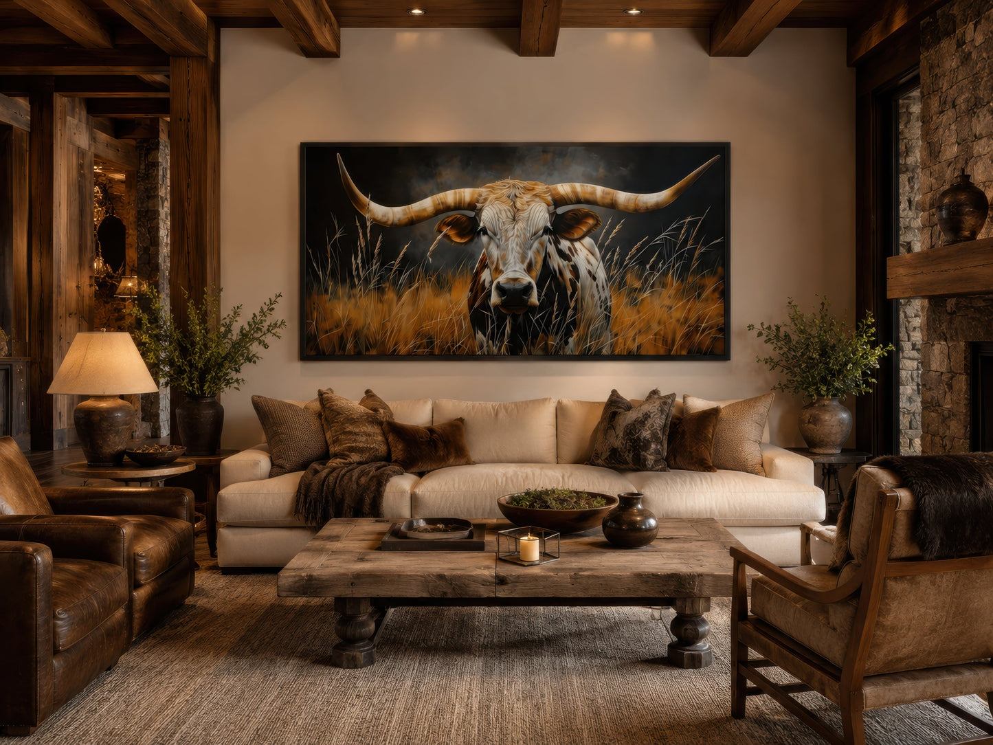 Texas Longhorn Steer In Grass Wall Art – Framed Canvas Rustic Farmhouse Steer Painting