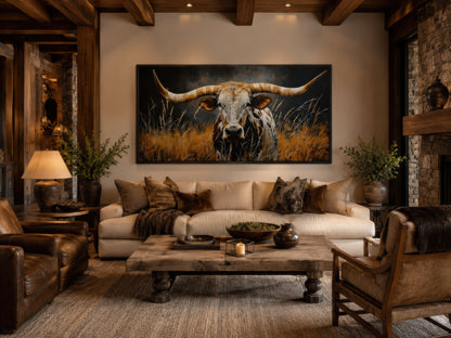 Texas Longhorn Steer In Grass Wall Art – Framed Canvas Rustic Farmhouse Steer Painting