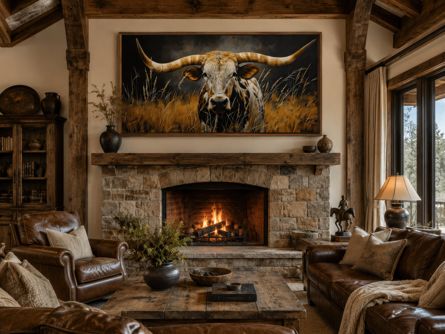 Texas Longhorn Steer In Grass Wall Art – Framed Canvas Rustic Farmhouse Steer Painting