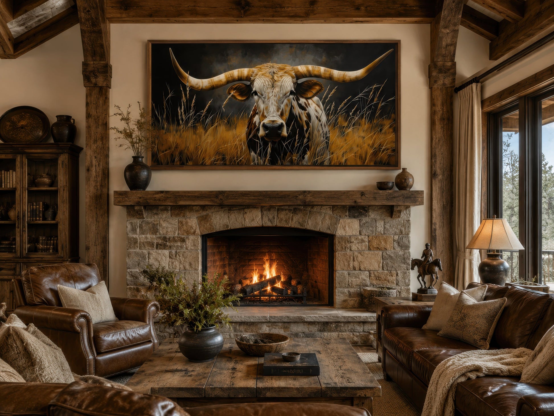 Texas Longhorn Steer In Grass Wall Art – Framed Canvas Rustic Farmhouse Steer Painting