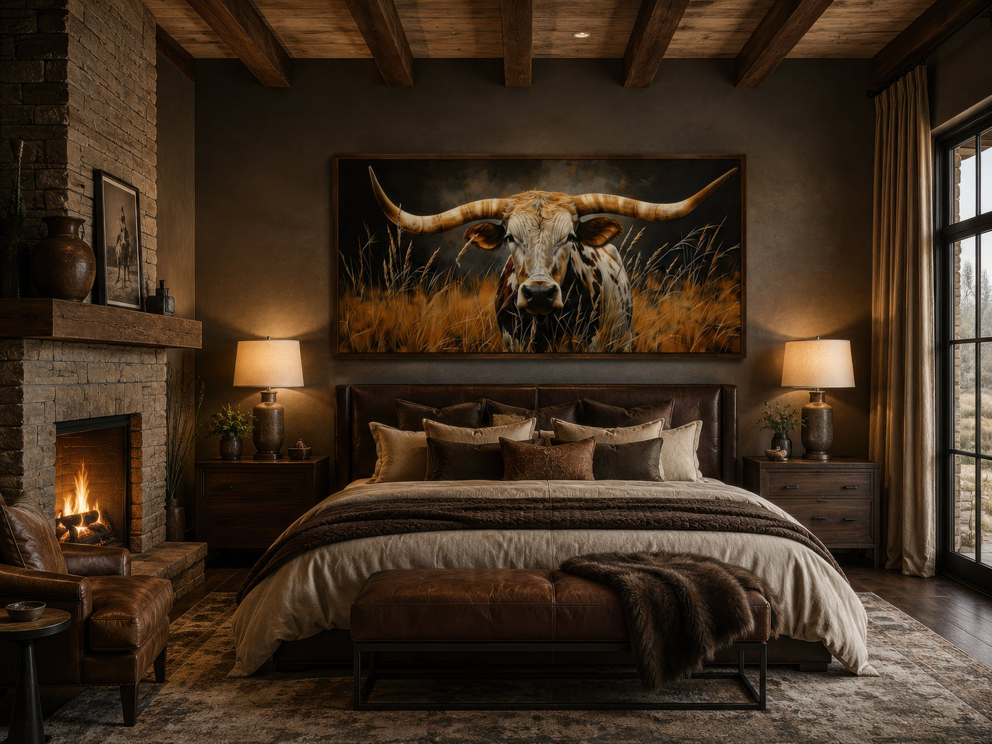 Texas Longhorn Steer In Grass Wall Art – Framed Canvas Rustic Farmhouse Steer Painting