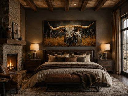 Texas Longhorn Steer In Grass Wall Art – Framed Canvas Rustic Farmhouse Steer Painting