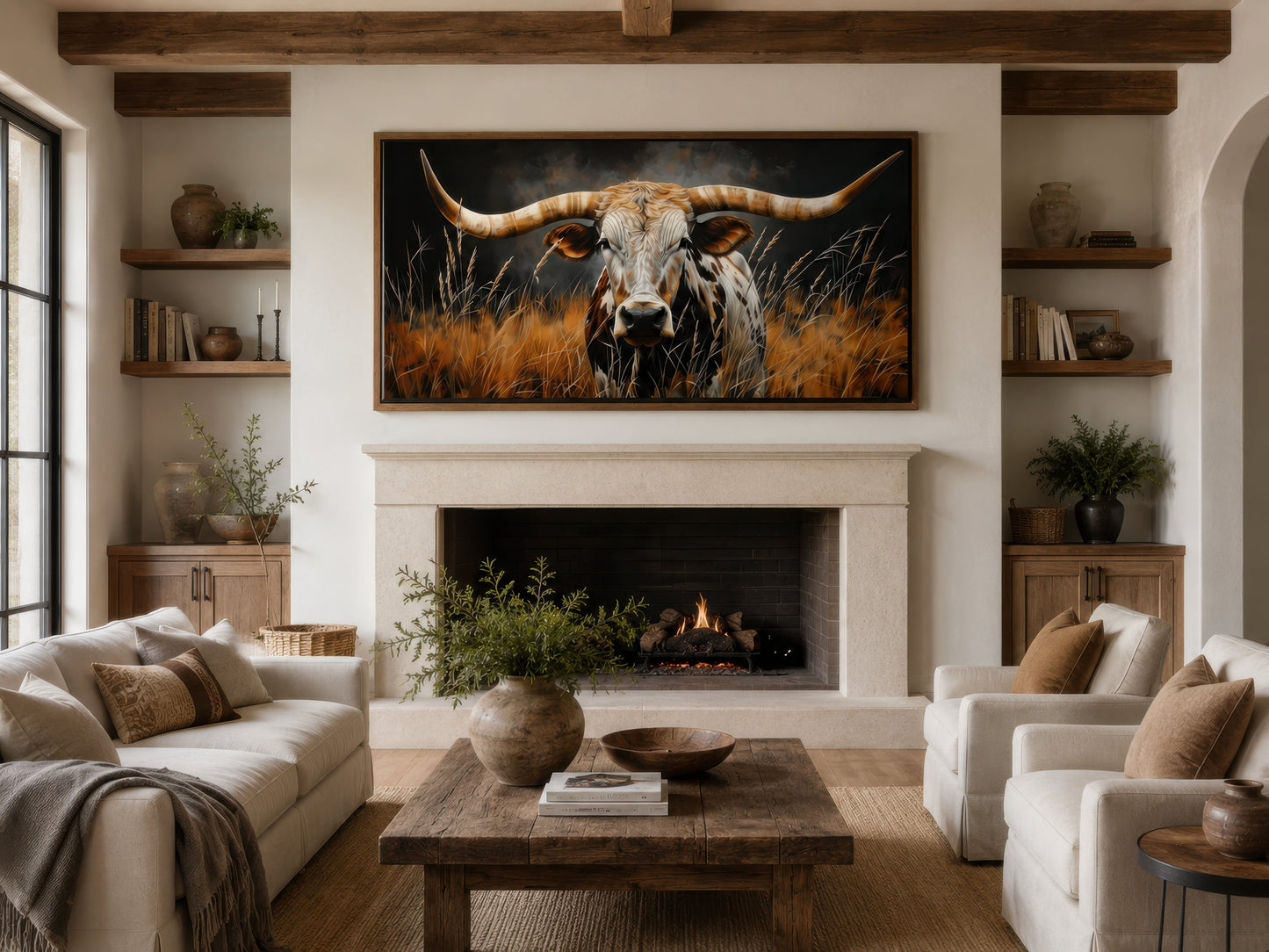 Texas Longhorn Steer In Grass Wall Art – Framed Canvas Rustic Farmhouse Steer Painting