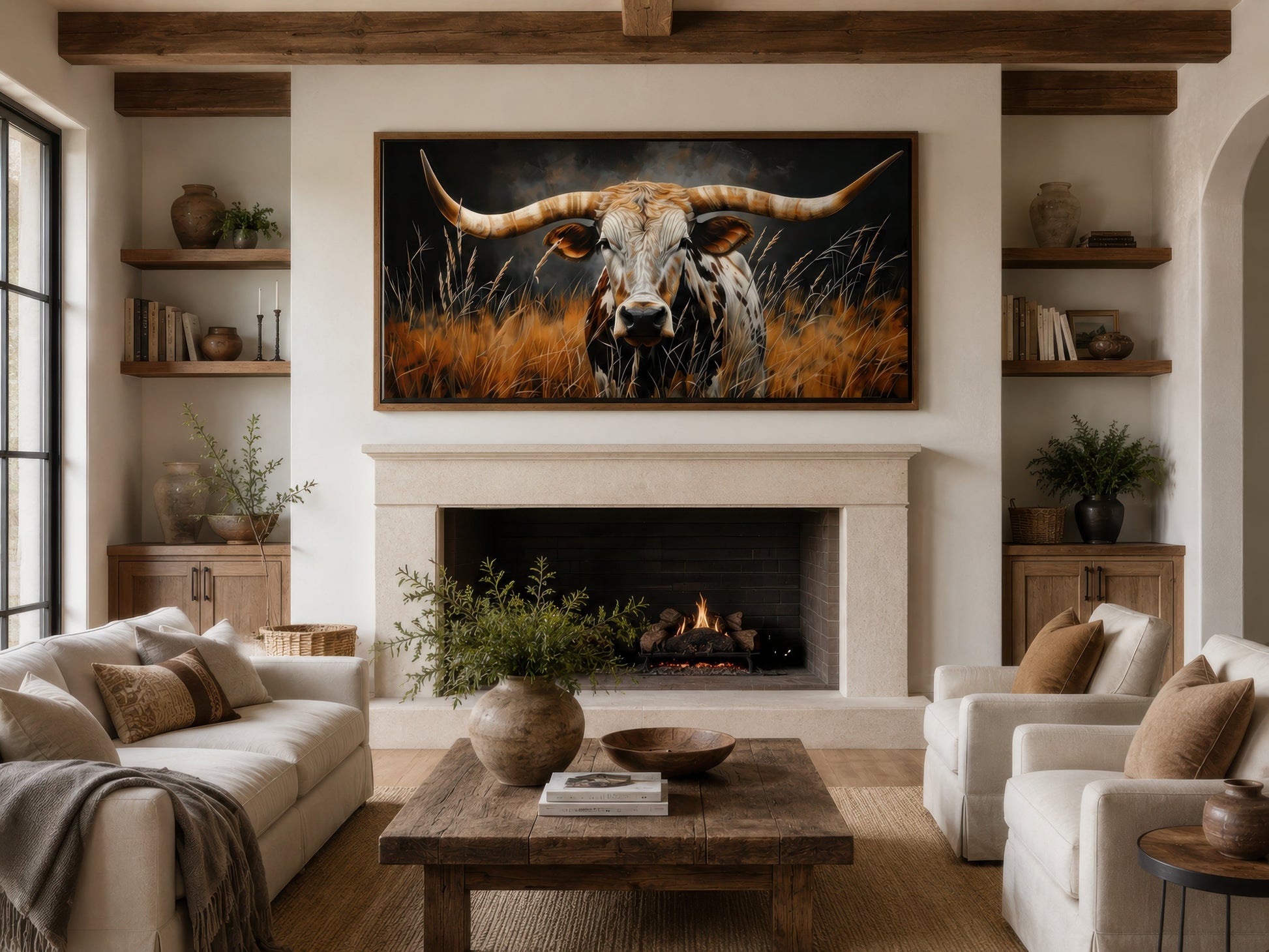 Texas Longhorn Steer In Grass Wall Art – Framed Canvas Rustic Farmhouse Steer Painting