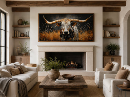 Texas Longhorn Steer In Grass Wall Art – Framed Canvas Rustic Farmhouse Steer Painting