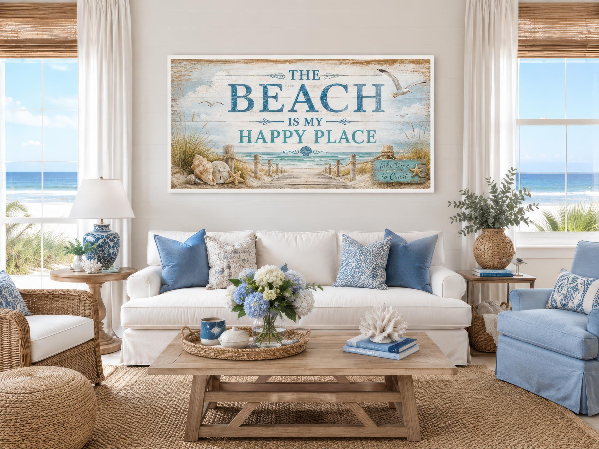 The Beach Is My Happy Place Sign Coastal Beach House Wall Art
