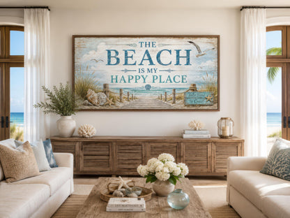 The Beach Is My Happy Place Sign Coastal Beach House Wall Art