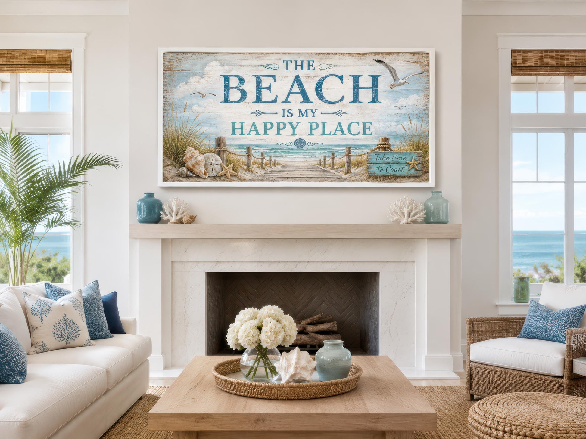 The Beach Is My Happy Place Sign Coastal Beach House Wall Art