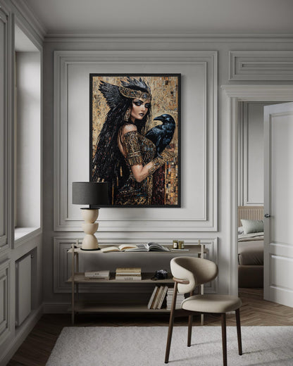 The Morrigan Celtic Goddess With Raven Mosaic Painting Canvas Wall Art