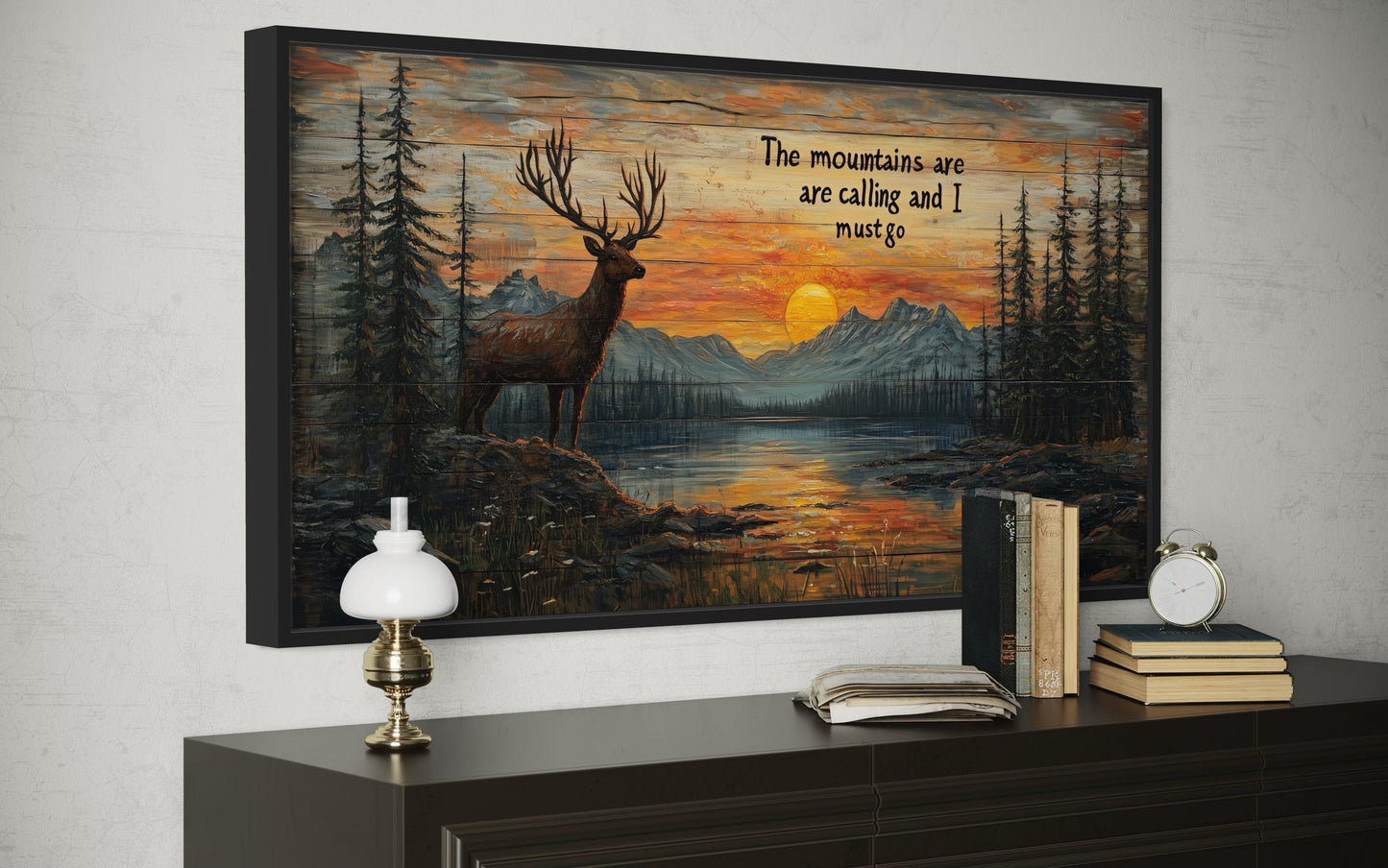The Mountains Are Calling With Elk And Sunset Framed Canvas Wall Art