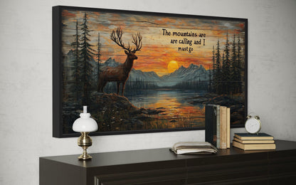 The Mountains Are Calling With Elk And Sunset Framed Canvas Wall Art