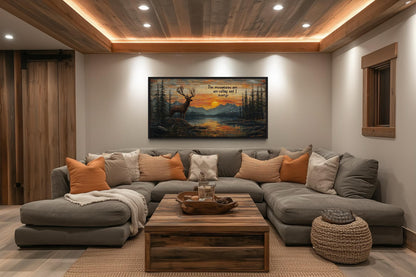 The Mountains Are Calling With Elk And Sunset Framed Canvas Wall Art