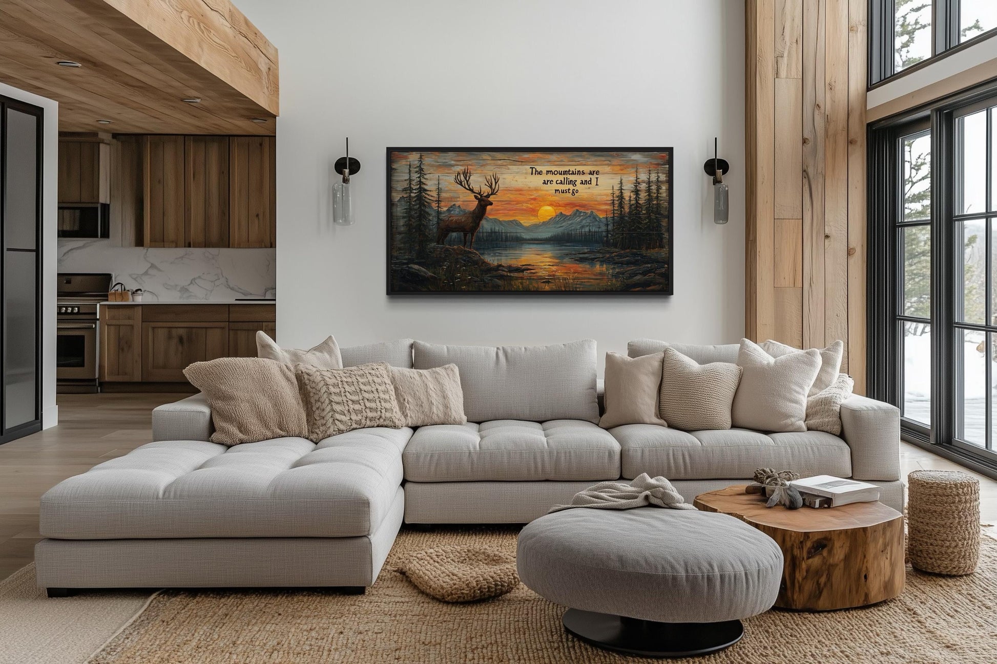 The Mountains Are Calling With Elk And Sunset Framed Canvas Wall Art