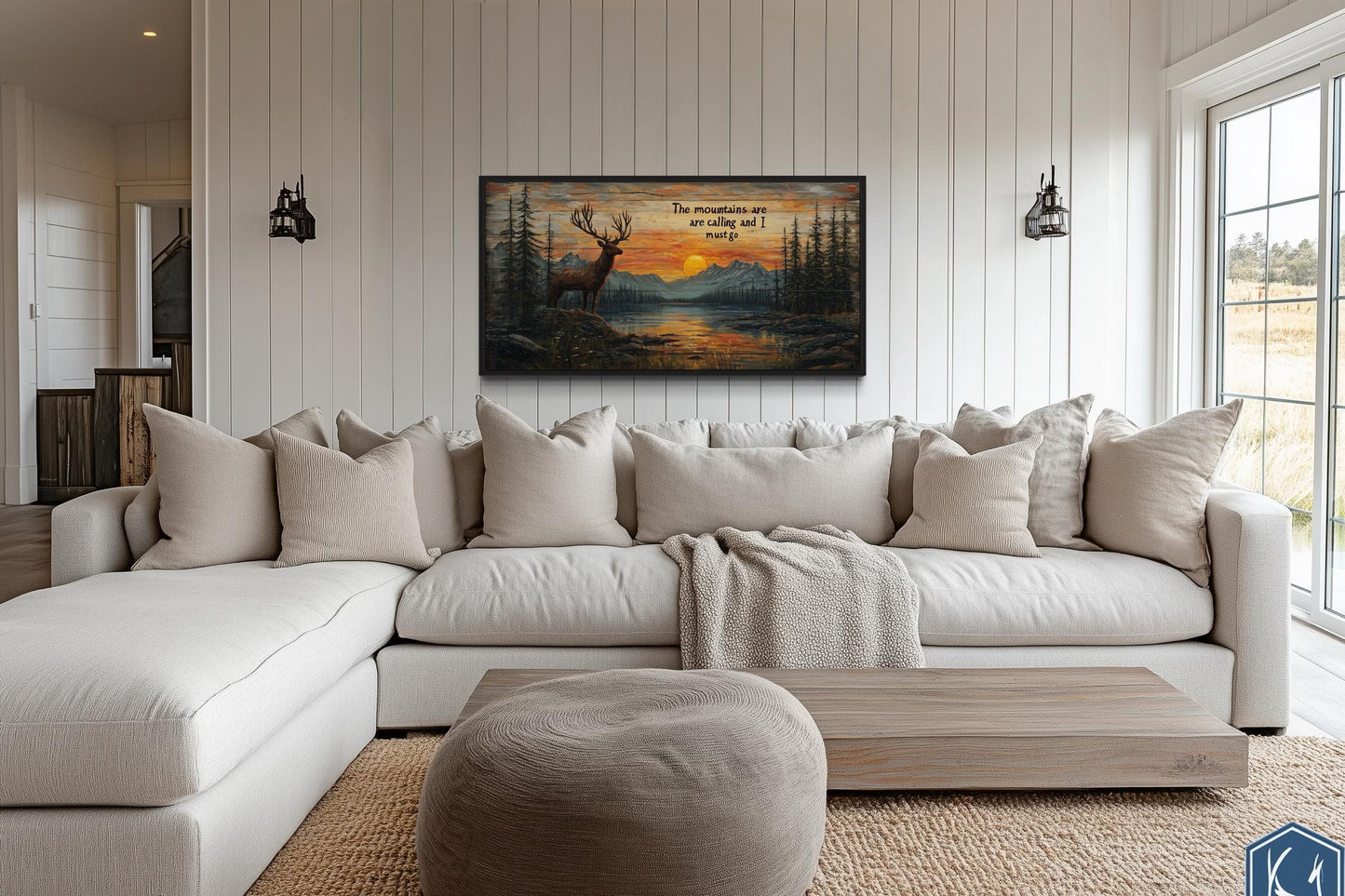 The Mountains Are Calling With Elk And Sunset Framed Canvas Wall Art