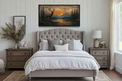 The Mountains Are Calling With Elk And Sunset Framed Canvas Wall Art