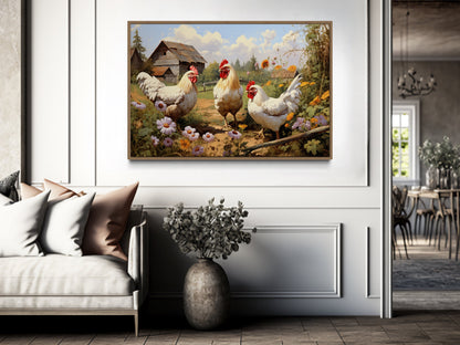 Three Chickens On the Farm Farmhouse Kitchen Wall Decor Canvas Wall Art