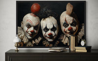 Three Creepy Clown Mask With Vintage Circus Style Halloween Wall Art