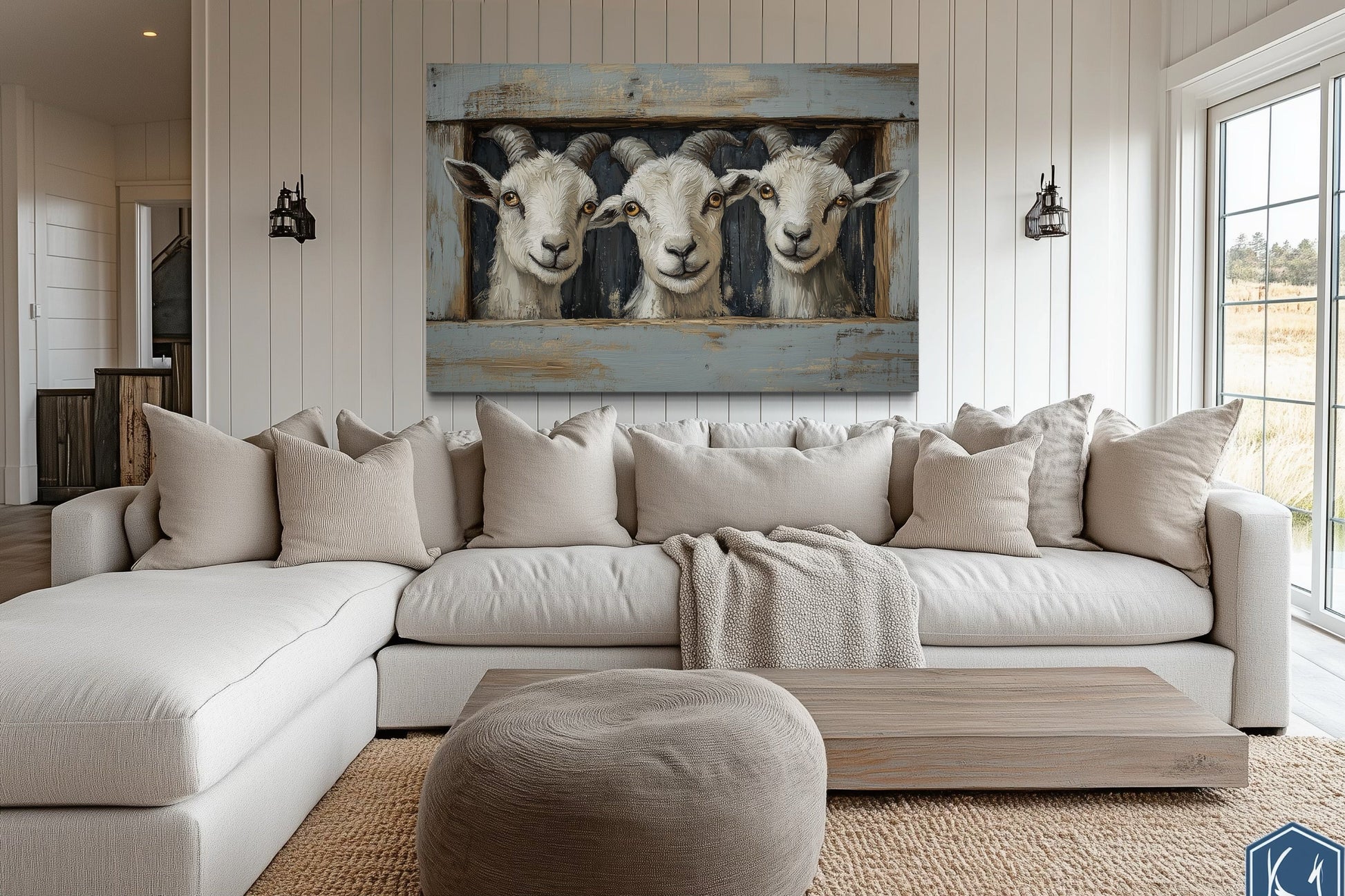 Three Funny Goats Looking Through Fake Wooden Window Canvas Wall Art