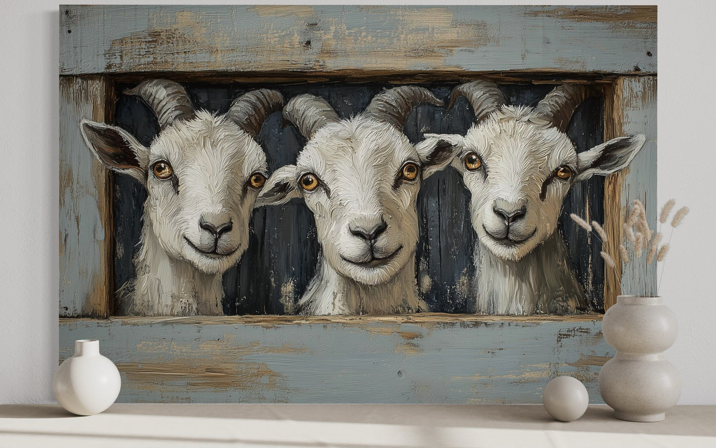 Three Funny Goats Looking Through Fake Wooden Window Canvas Wall Art
