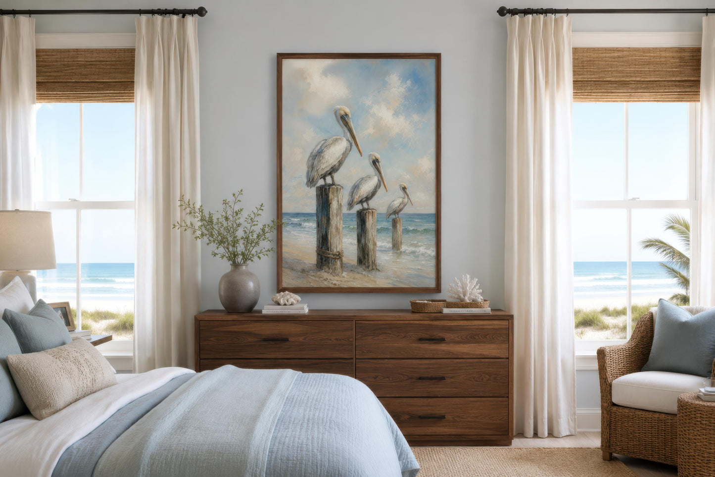 Three Pelicans on Dock Posts Coastal Canvas Wall Art | Beach House Decor