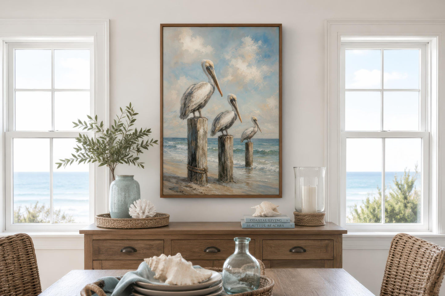 Three Pelicans on Dock Posts Coastal Canvas Wall Art | Beach House Decor