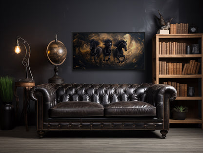 Three Running Stallions On Black Gold Background Framed Canvas Wall Art